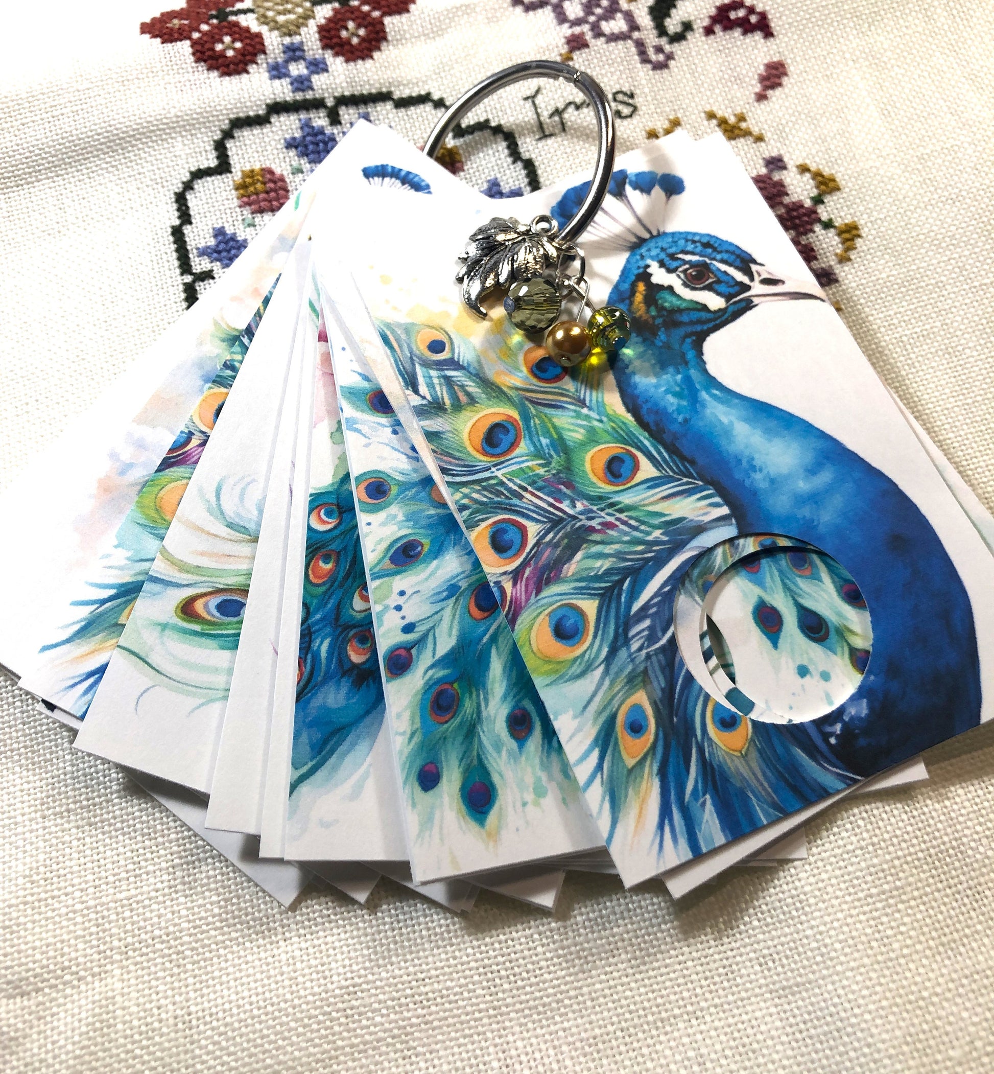 
Peacock themed floss drops for cross stitch thread organisation.