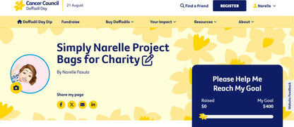 Website page for the Simply Narelle Project Bags for Charity 
