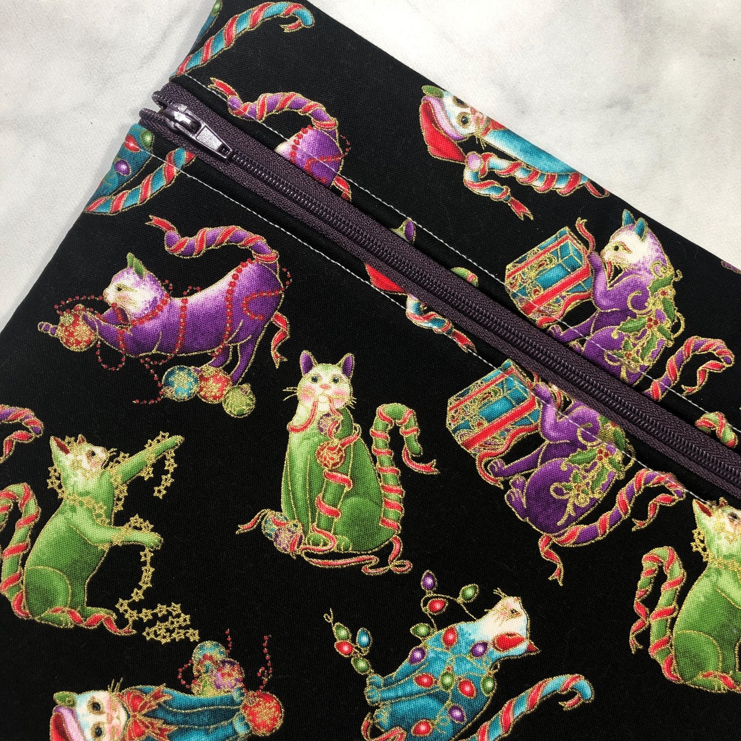 Christmas cats themed cross stitch project bag