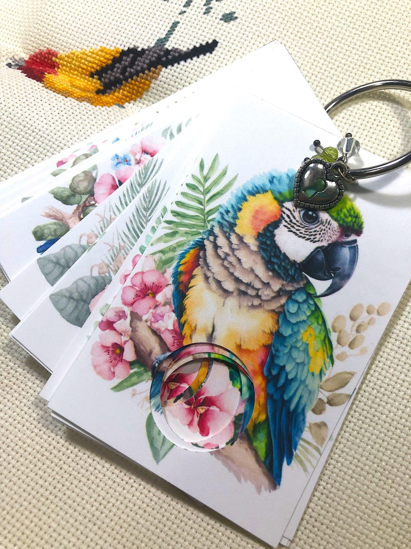 Tropical birds themed floss drops for cross stitch thread organisation.