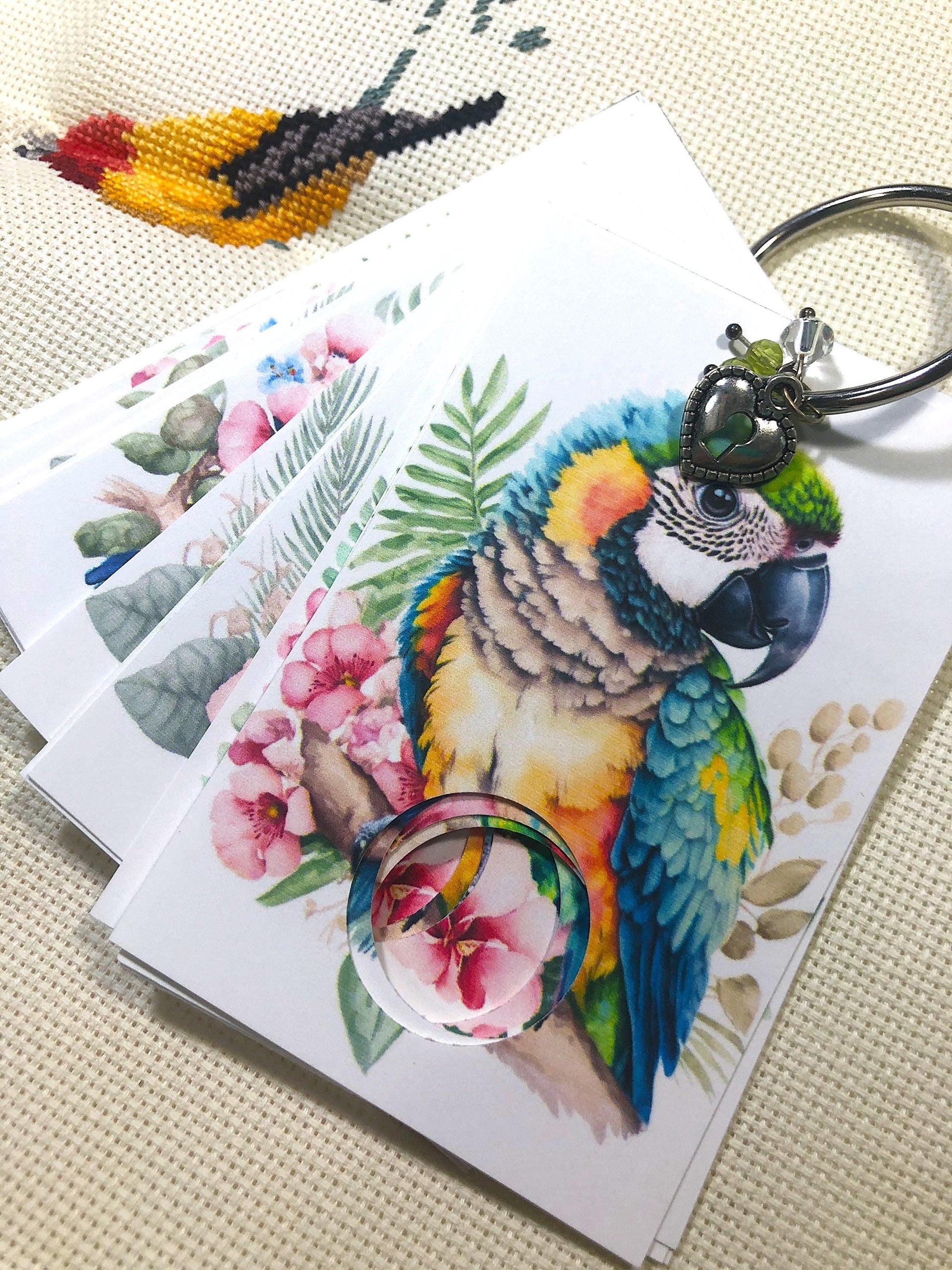 Tropical birds themed floss drops for cross stitch thread organisation.