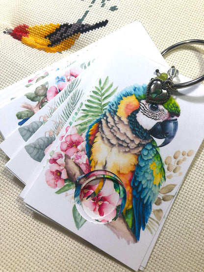 Tropical birds themed floss drops for cross stitch thread organisation.