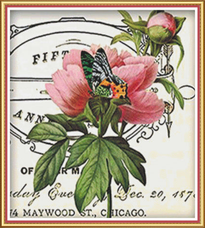 Vintage-style cross stitch of pink flowers and a butterfly with text in the background