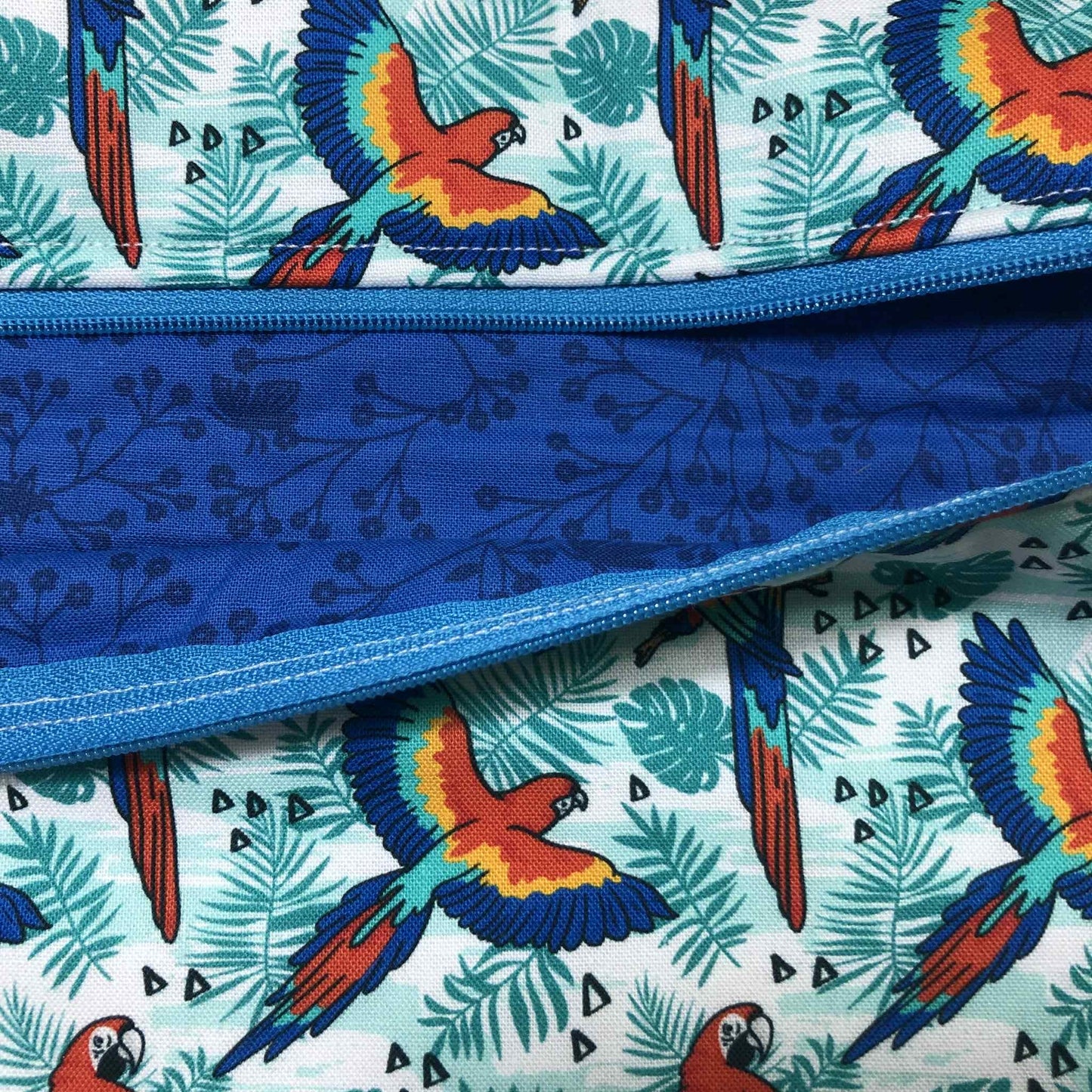 Bright Parrots Project Bag: Handmade Cotton Craft Organizer for Cross Stitch and other crafts (11.5"x9.5")