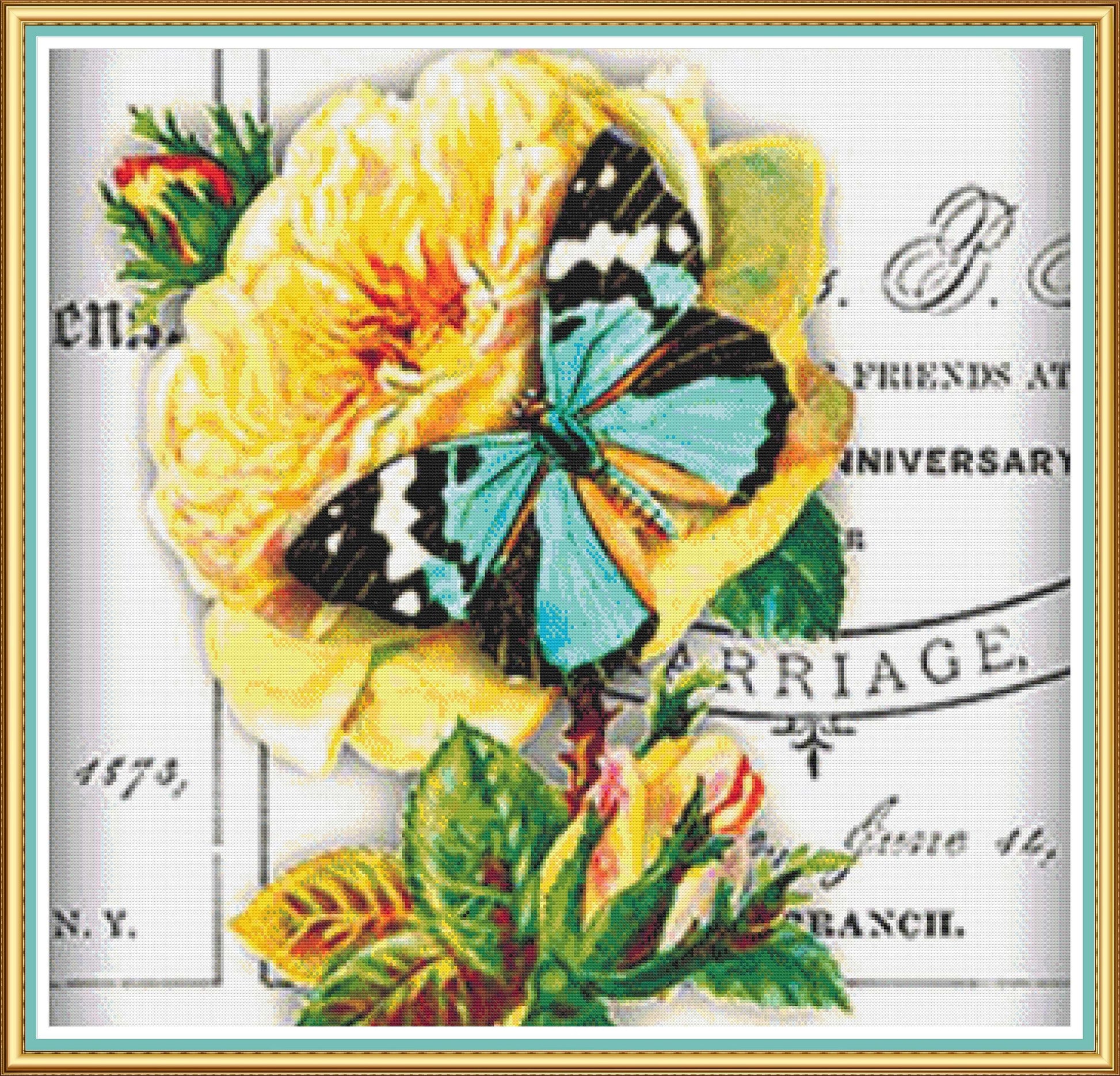 Cross stitch pattern of butterfly on a yellow flower with vintage text background