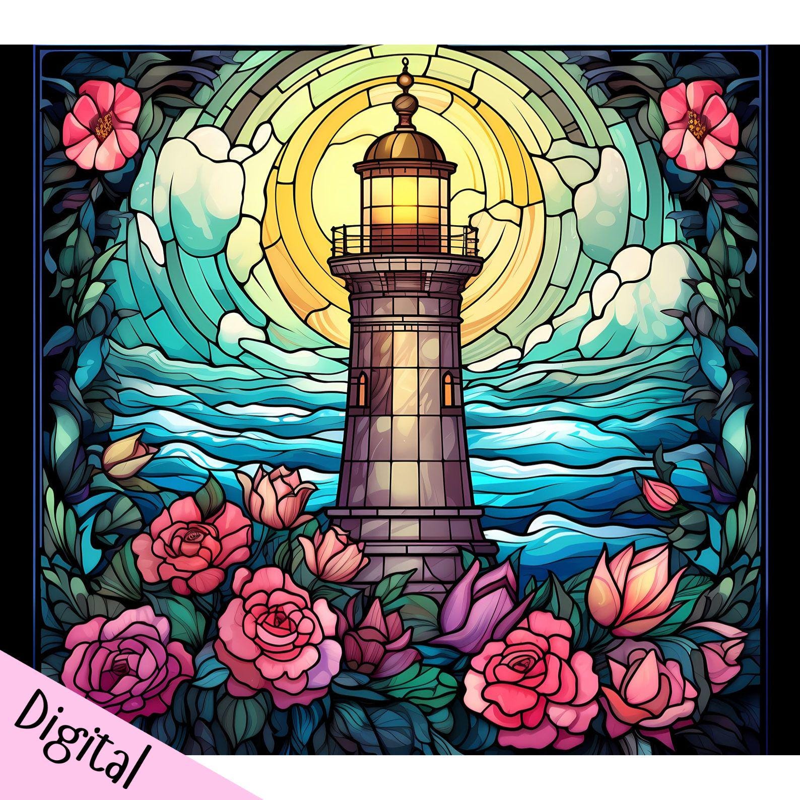 Cross stitch pattern of stylized lighthouse surrounded by flowers and waves in a stained glass-like design.