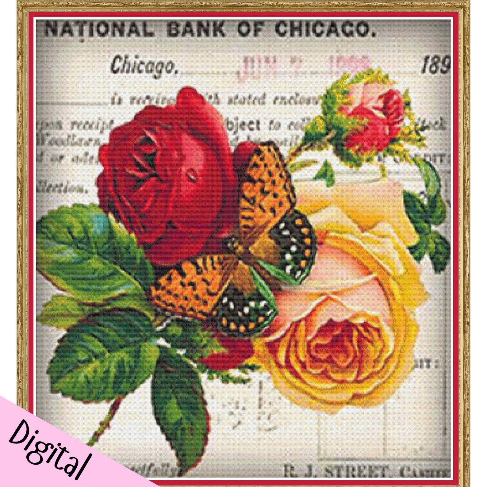 Cross stitch pattern of vintage-style illustration of flowers and butterflies on a textured background with 'National Bank of Chicago' text.
