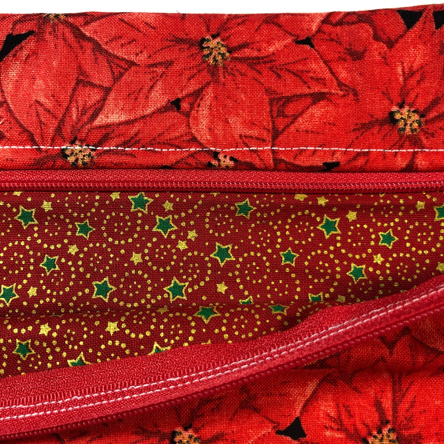 Red poinsettia themed cross stitch project bag