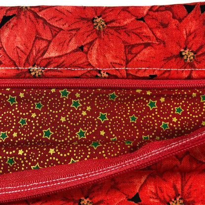 Red poinsettia themed cross stitch project bag