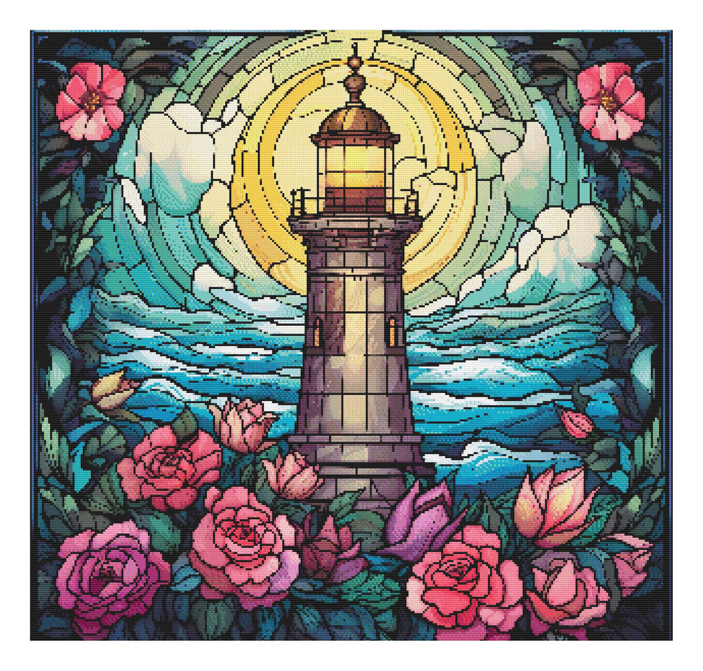 Cross stitch pattern of a Stained glass-style lighthouse surrounded by flowers and waves