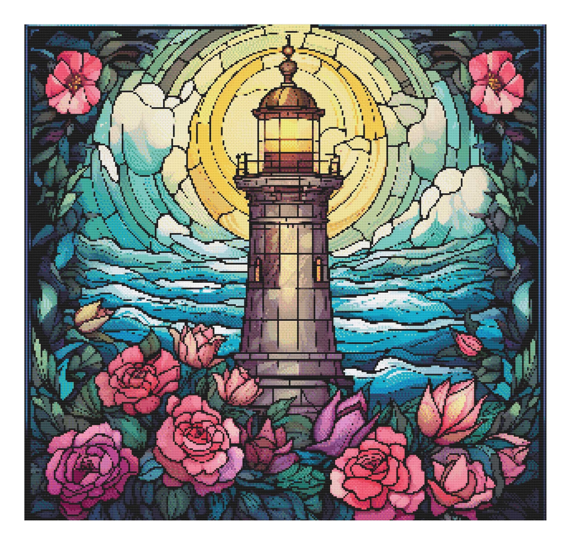 Cross stitch pattern of a Stained glass-style lighthouse surrounded by flowers and waves