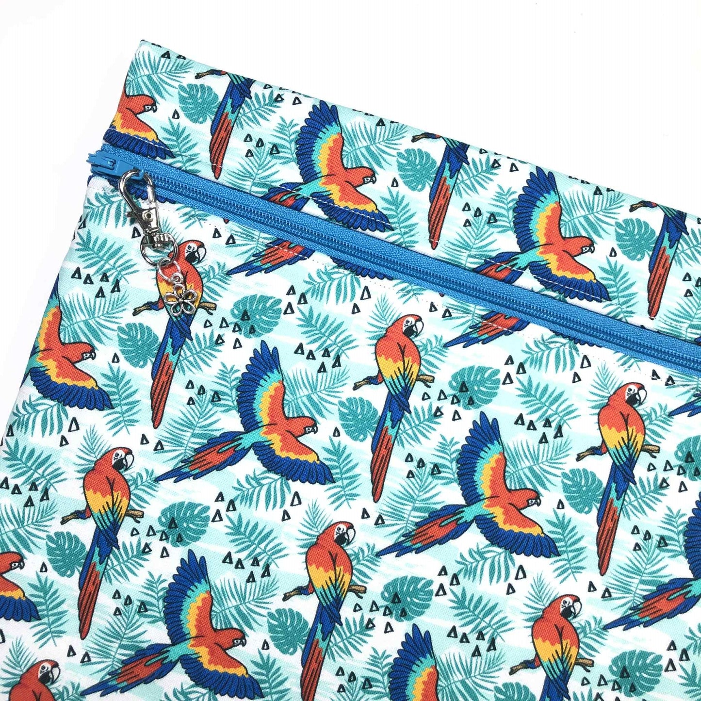 Bright Parrots Project Bag: Handmade Cotton Craft Organizer for Cross Stitch and other crafts (11.5"x9.5")