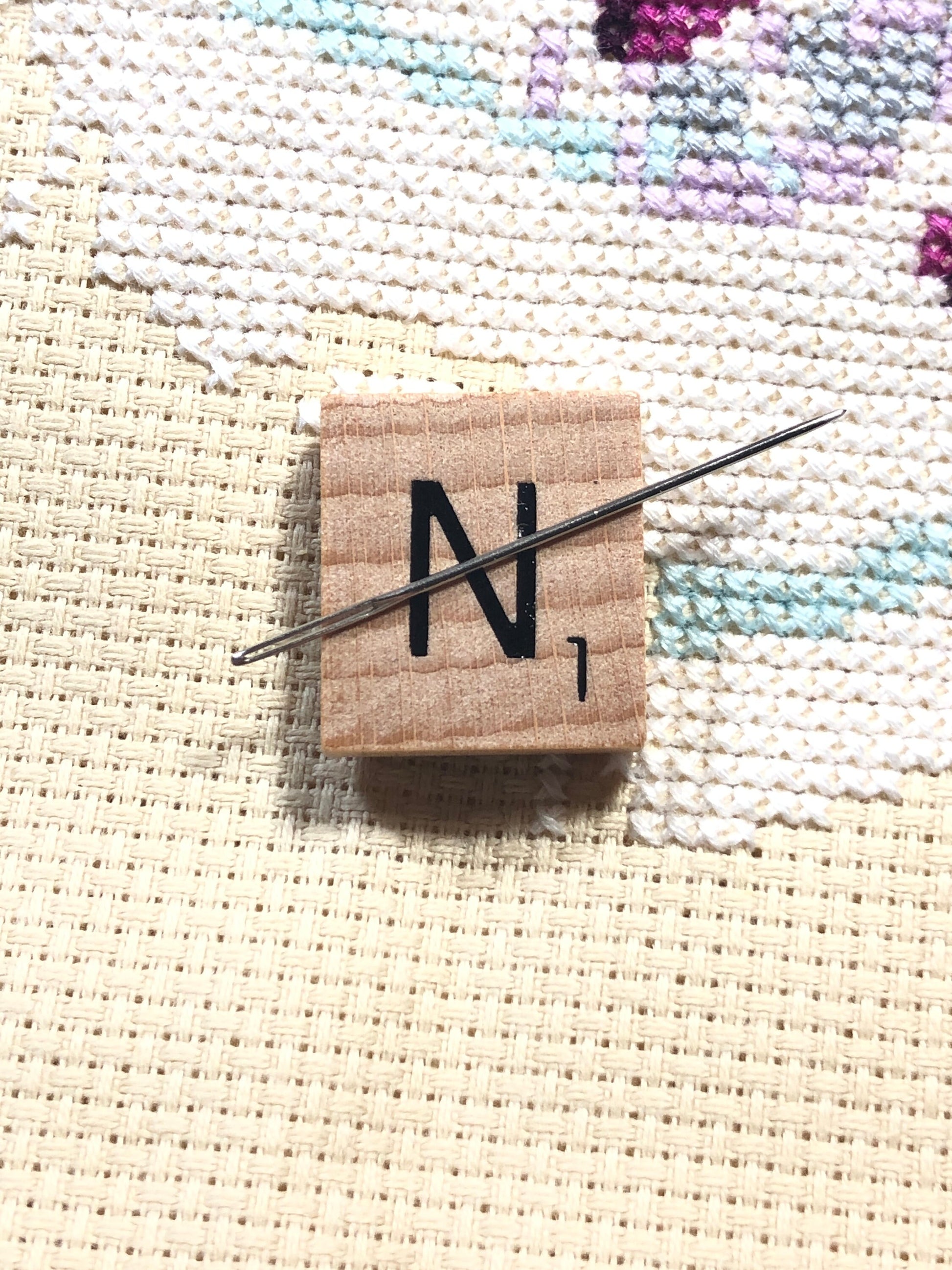 Needle Minder - Initial Scrabble Tile/Thread Holder/ Parking Aid