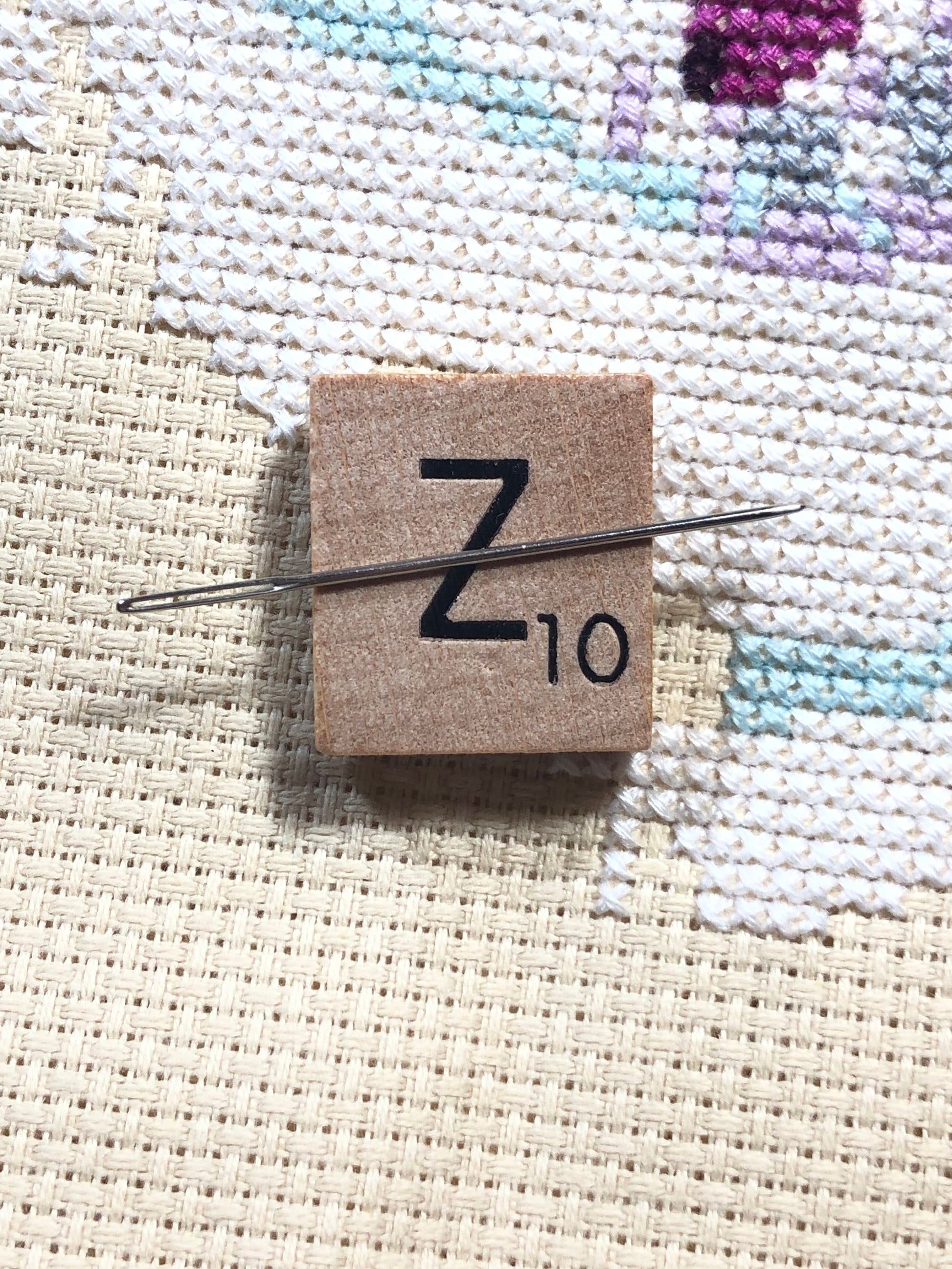Needle Minder - Initial Scrabble Tile/Thread Holder/ Parking Aid