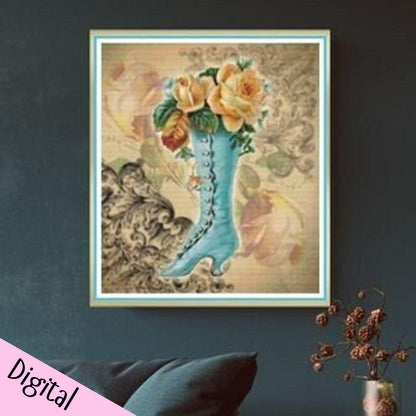Vintage Blue Boot PDF Cross Stitch Chart - Pattern Keeper Compatible*