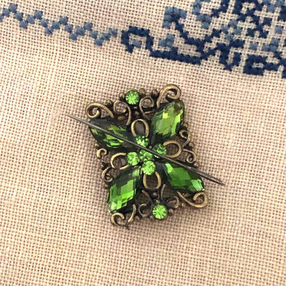 Green jewelled Needle Minder for Cross Stitch and Needlework