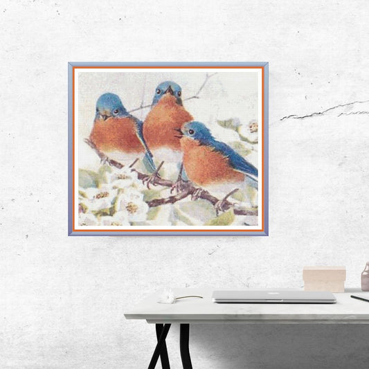 May include: Three bluebirds perched on a branch with white blossoms. The birds have blue wings and tails, orange breasts, and white bellies. The background is a soft, blurred white.