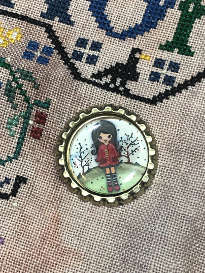 Whimsical Girl Bottlecap Needle Minder - Thread Holder - Parking Aid