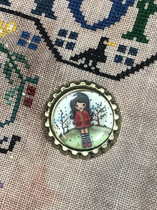 Whimsical Girl Bottlecap Needle Minder - Thread Holder - Parking Aid