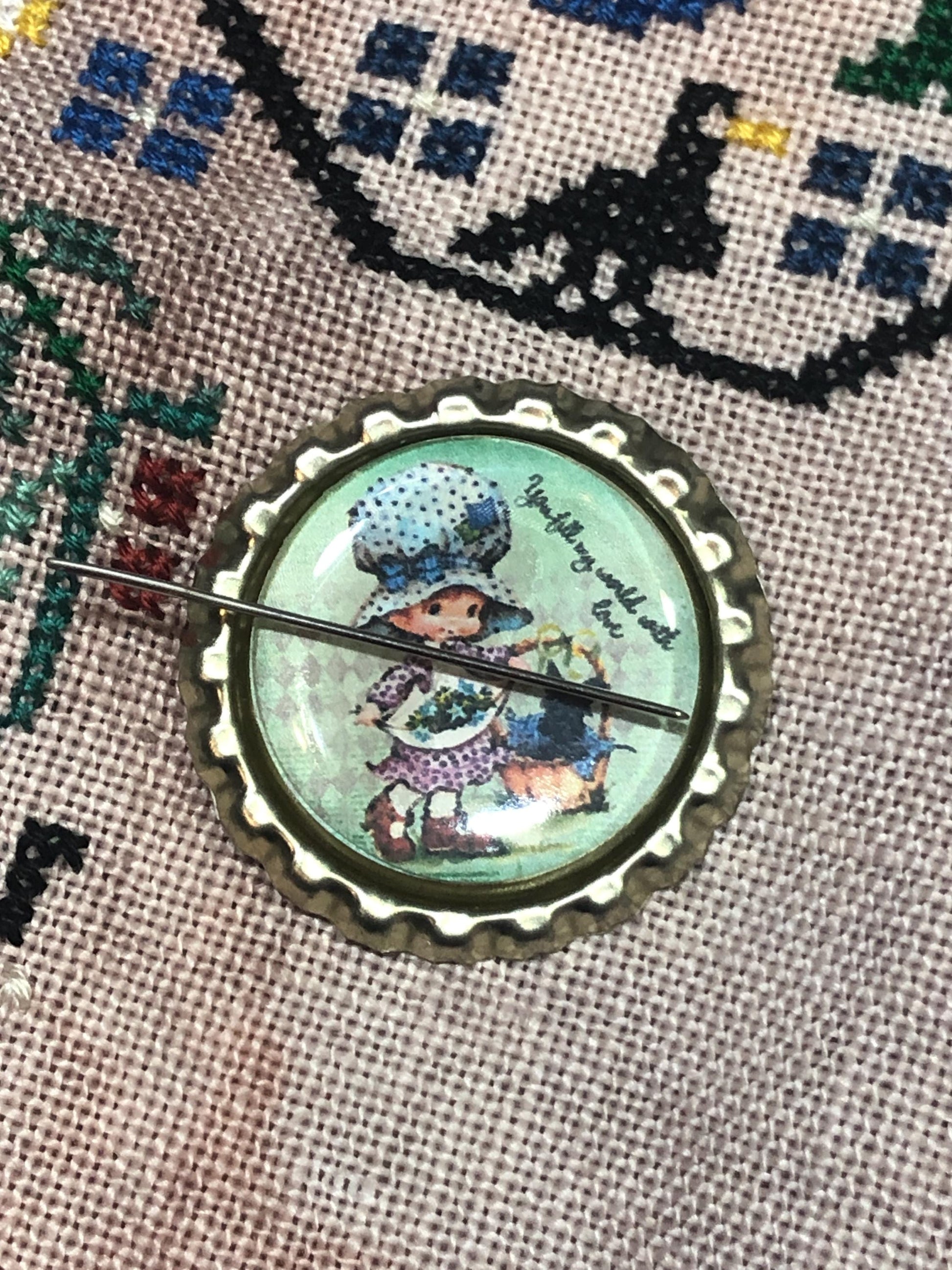 Nostalgic Country Girl Bottlecap Needle Minder - Thread Holder - Parking Aid