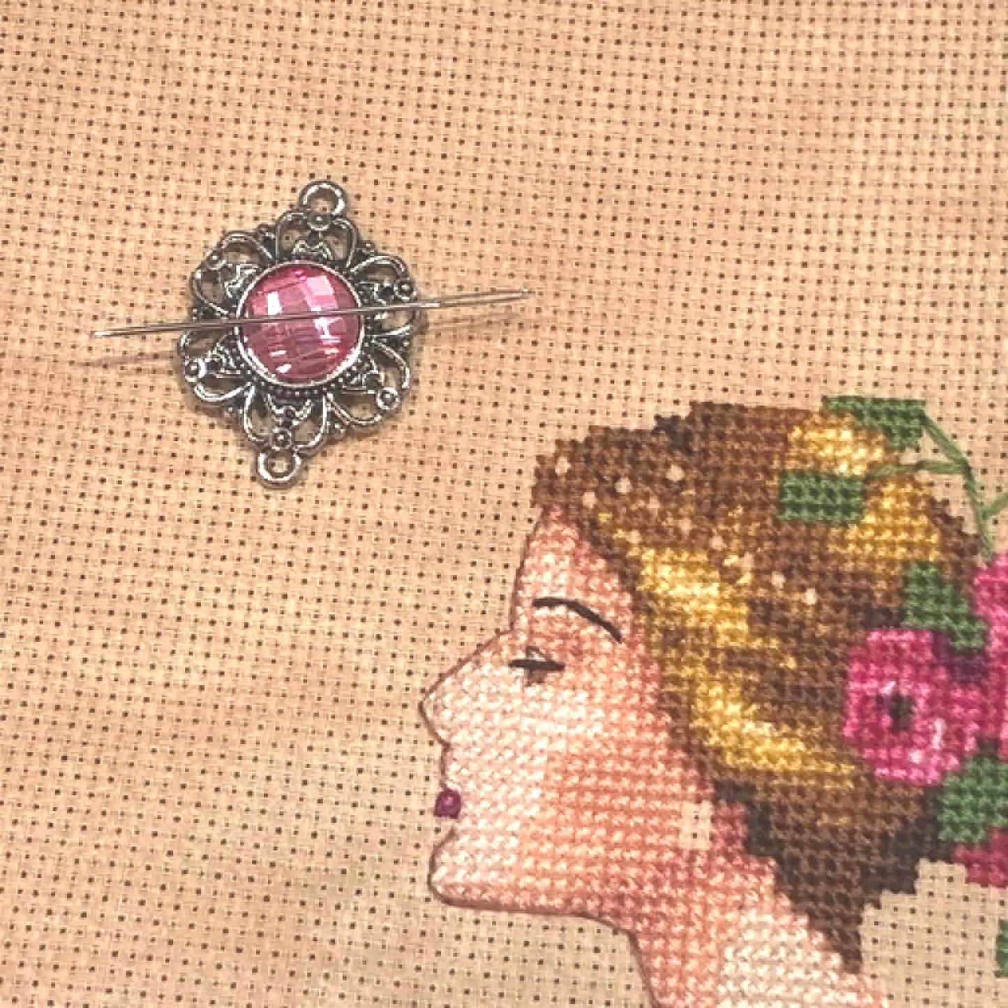 Pink Jewelled Needle Minder for Cross Stitch and Needlework