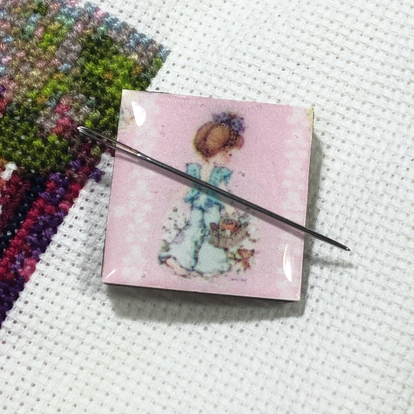 Vintage Girl Themed Wooden Needle Minder/Thread Holder/ Parking Aid