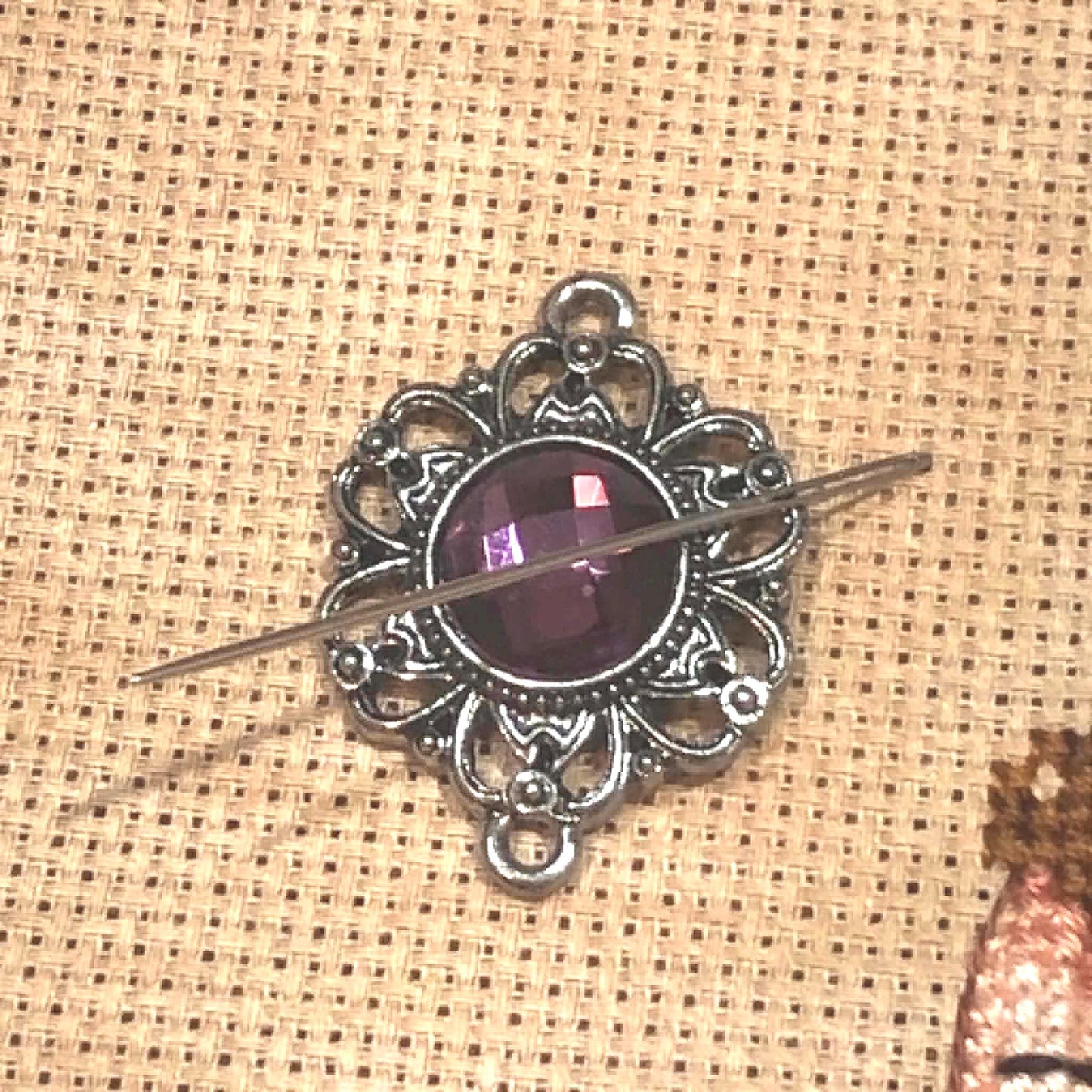 Purple Jewelled Needle Minder for Cross Stitch and Needlework