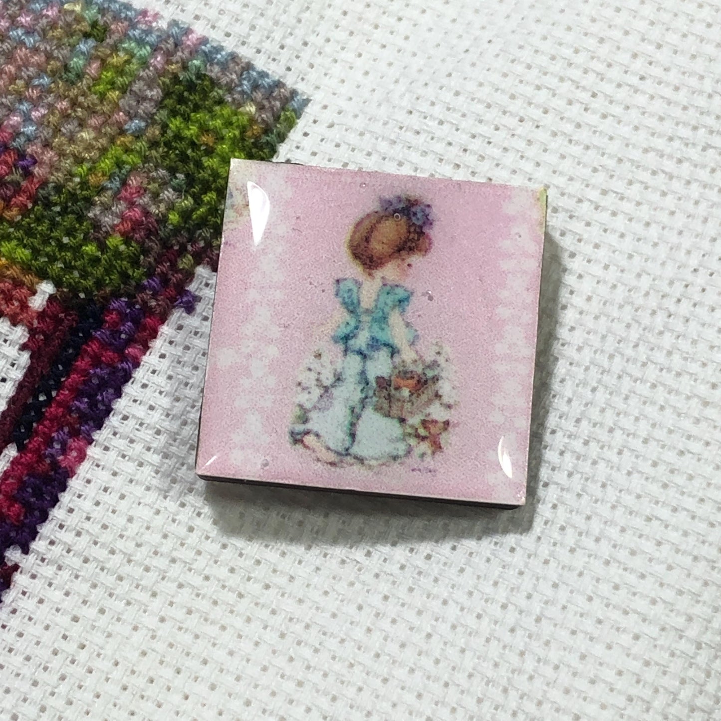 Vintage Girl Themed Wooden Needle Minder/Thread Holder/ Parking Aid