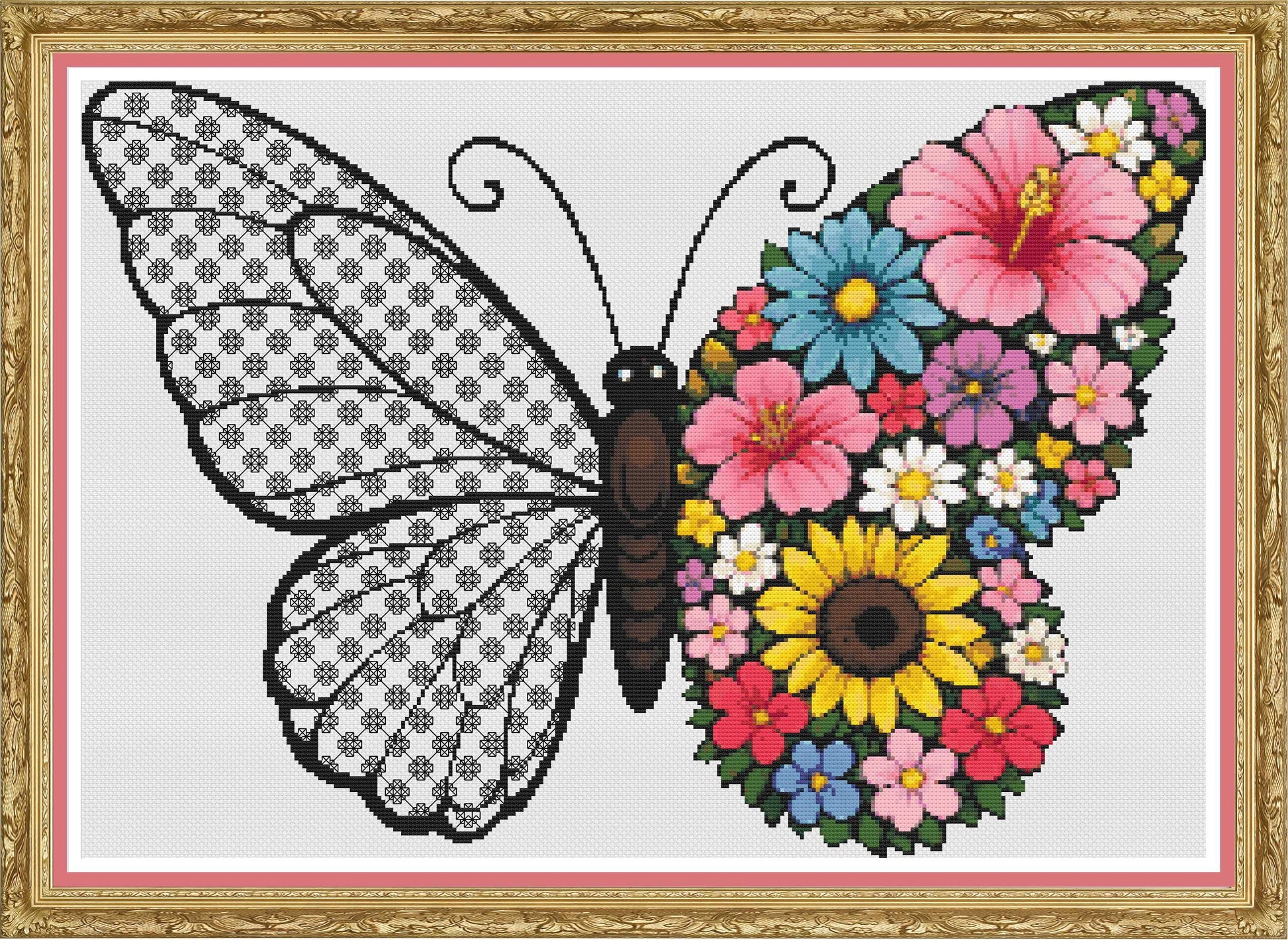 Floral Blackwork Butterfly PDF Cross Stitch Chart