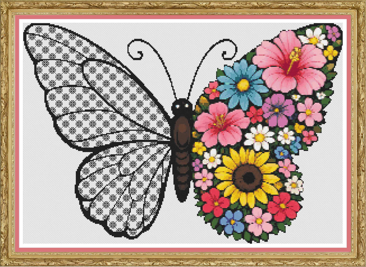 Floral Blackwork Butterfly PDF Cross Stitch Chart