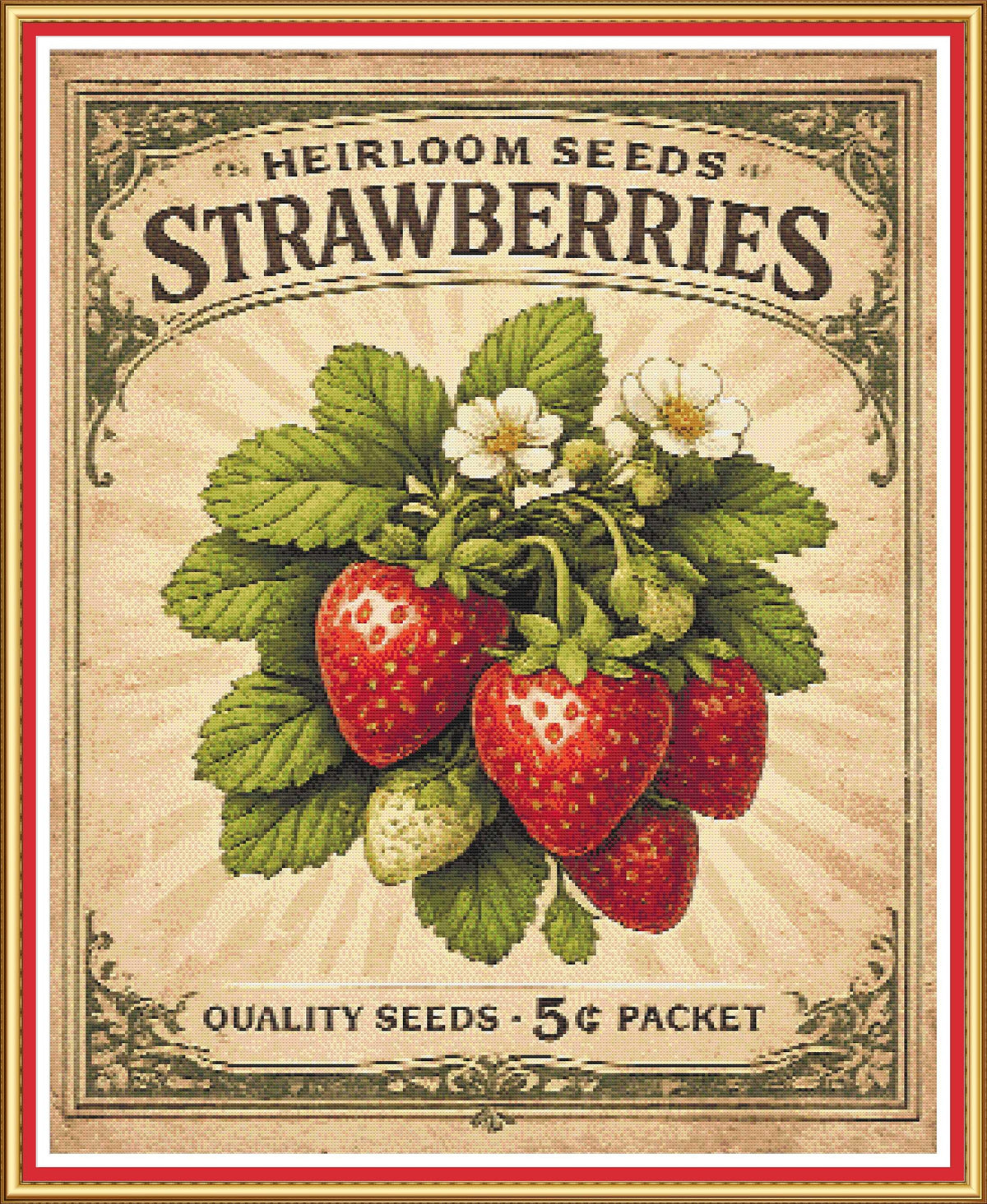 Strawberries Seed Packet Full Coverage PDF Cross Stitch Chart