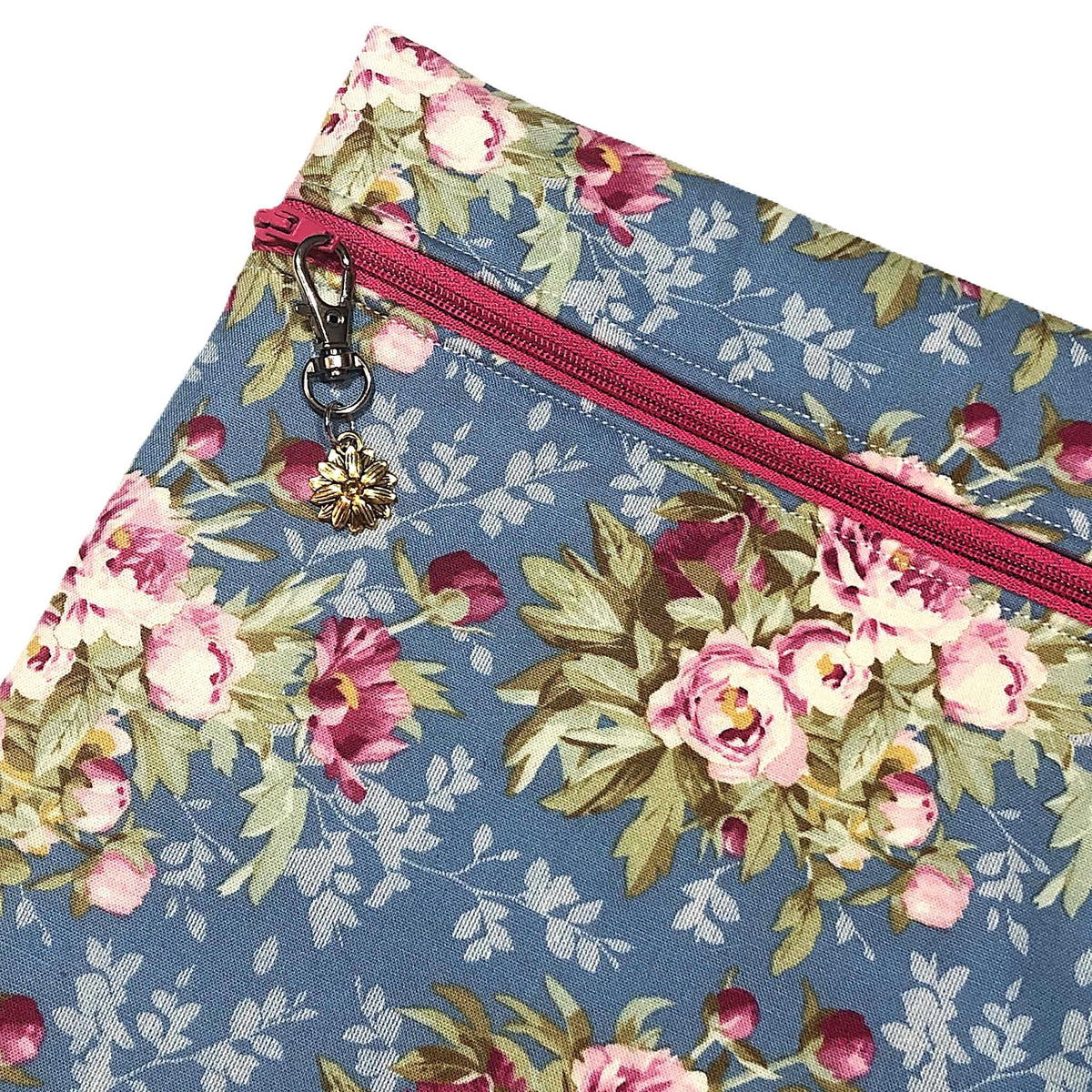 Blue with Pink Roses Floral Project Bag for Cross Stitch and other crafts