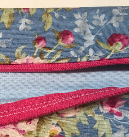 Blue with Pink Roses Floral Project Bag for Cross Stitch and other crafts