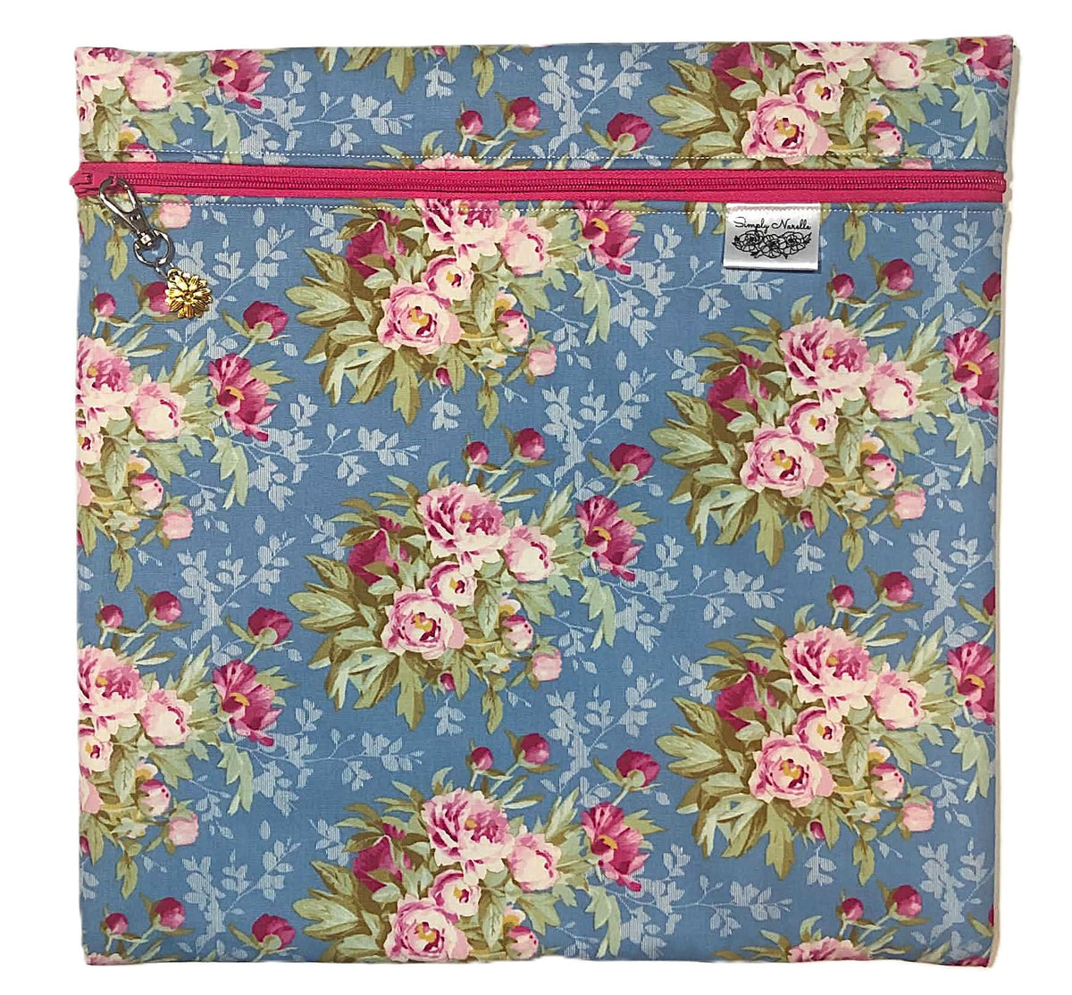 Blue with Pink Roses Floral Project Bag for Cross Stitch and other crafts