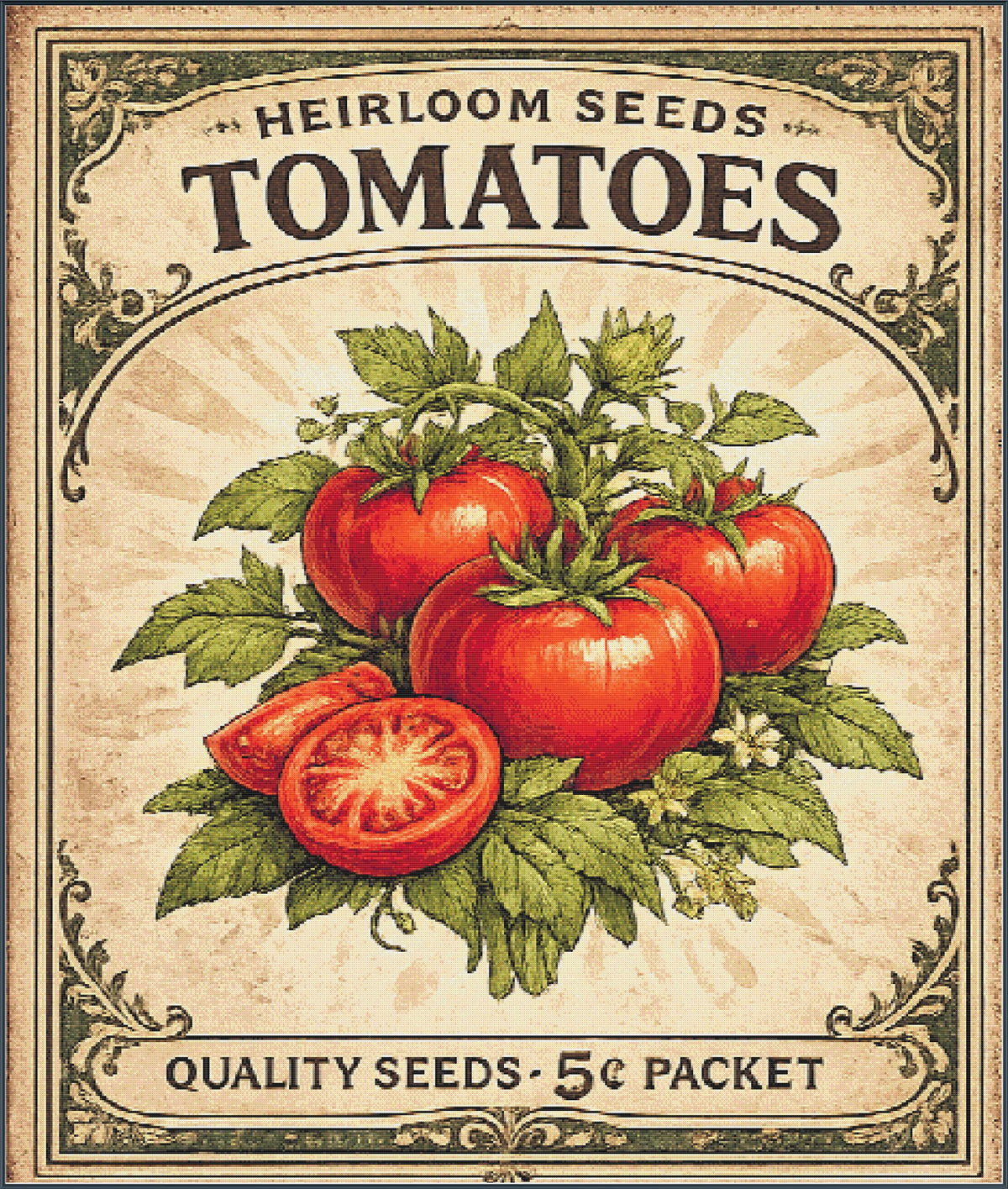 Tomatoes Seed Packet Full Coverage PDF Cross Stitch Chart