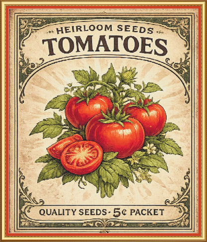 Tomatoes Seed Packet Full Coverage PDF Cross Stitch Chart