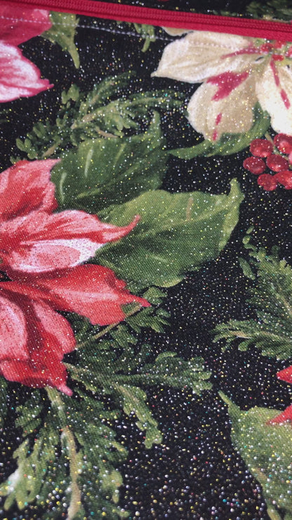 Sparkly Christmas poinsettia project bag for cross stitch
