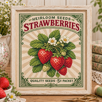 Strawberries Seed Packet Full Coverage  PDF Cross Stitch Chart